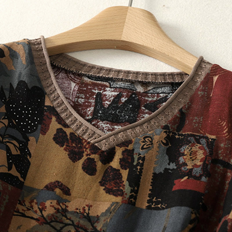 Camiseta de manga larga para mujer con cuello en V y bolsillos, con diseño geométrico de patchwork y Buddha Stones en otoño - image 2