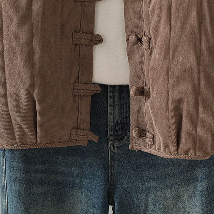 Chaqueta de algodón de manga larga para mujer con botones de rana y diseño sencillo de Buddha Stones - image 5