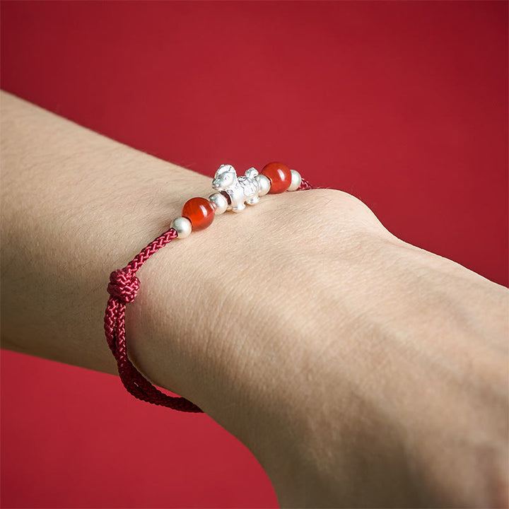 Pulsera de hilo de plata de ley 999 con Buddha Stones y ágata roja, Año del Caballo, Prosperidad - image 4