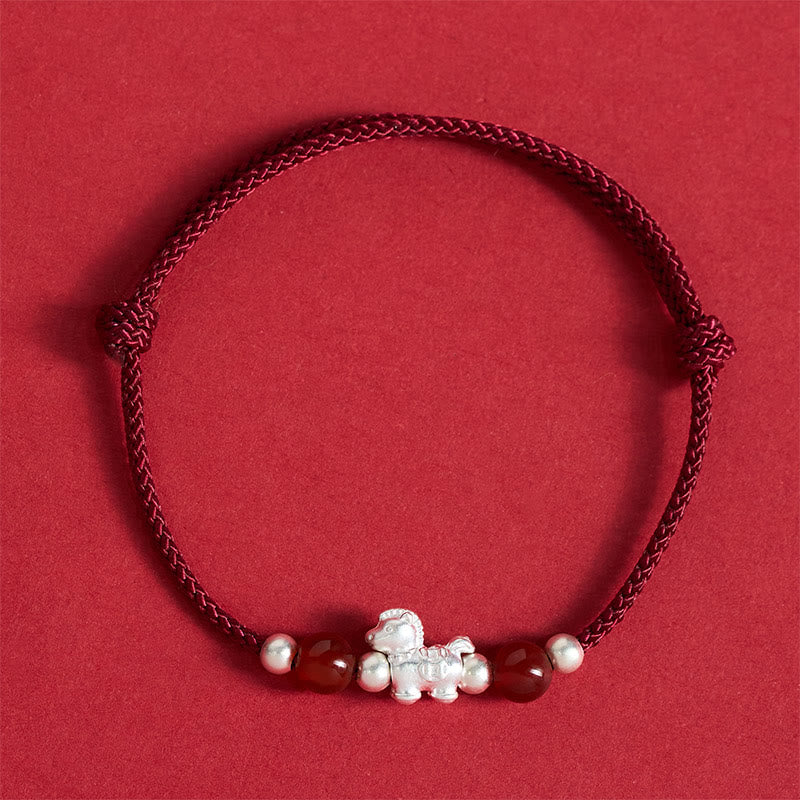 Pulsera de hilo de plata de ley 999 con Buddha Stones y ágata roja, Año del Caballo, Prosperidad - Cuerda roja oscura (circunferencia de la muñeca: 14-21 cm) - image 9