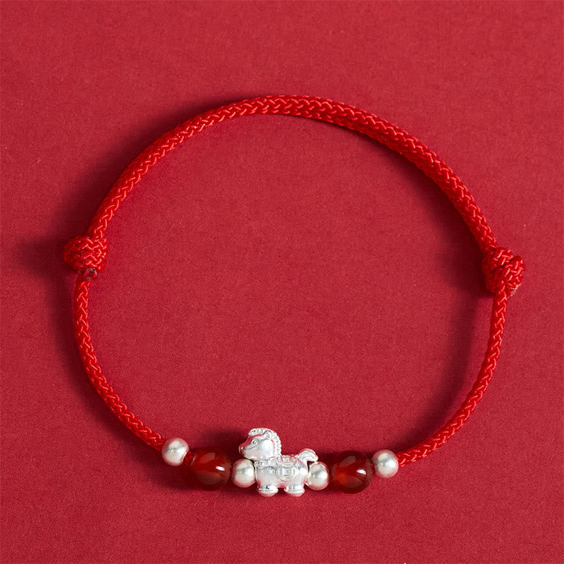 Pulsera de hilo de plata de ley 999 con Buddha Stones y ágata roja, Año del Caballo, Prosperidad - Cuerda roja (circunferencia de la muñeca: 14-21 cm) - image 1