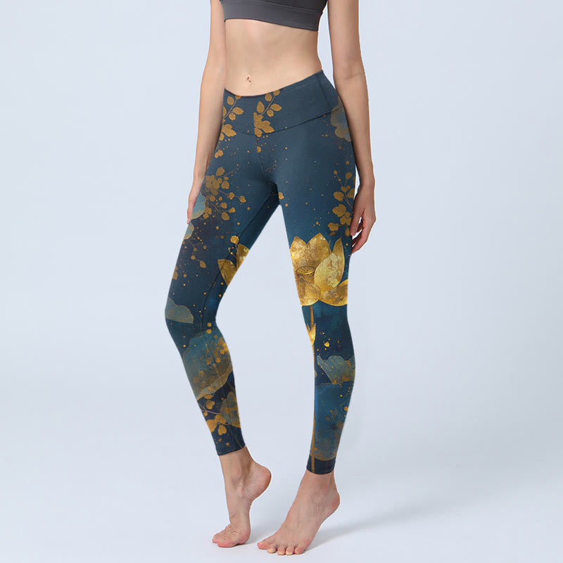 Leggings de yoga para mujer con estampado elegante de flor de loto y hojas de Buddha Stones - Azul acero - US18，UK/AU22，EU50 (4XL) - image 0