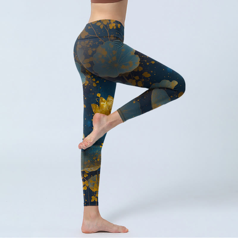 Leggings de yoga para mujer con estampado elegante de flor de loto y hojas de Buddha Stones - image 3