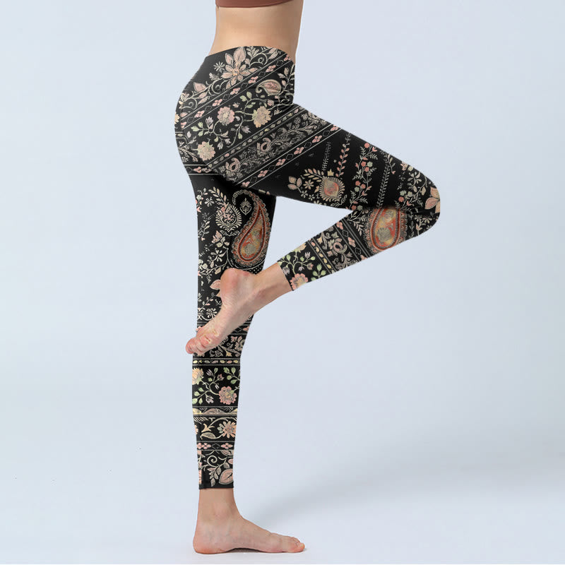 Leggings de yoga para mujer con estampado retro repetitivo de flores, hojas y enredaderas de Buddha Stones - image 3