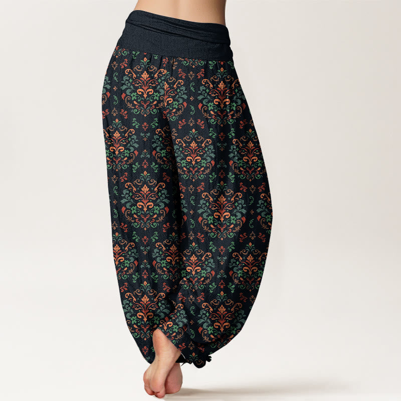 Pantalones Buddha Stones de algodón puro con estampado retro simétrico de flores y hojas para mujer, cintura elástica - image 1