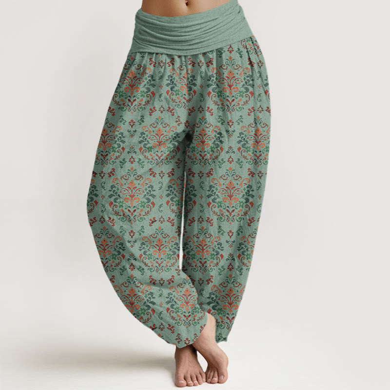 Pantalones Buddha Stones de algodón puro con estampado retro simétrico de flores y hojas para mujer, cintura elástica - Aguamarina mediana - US16，UK/AU20，EU48 (3XL) - image 5