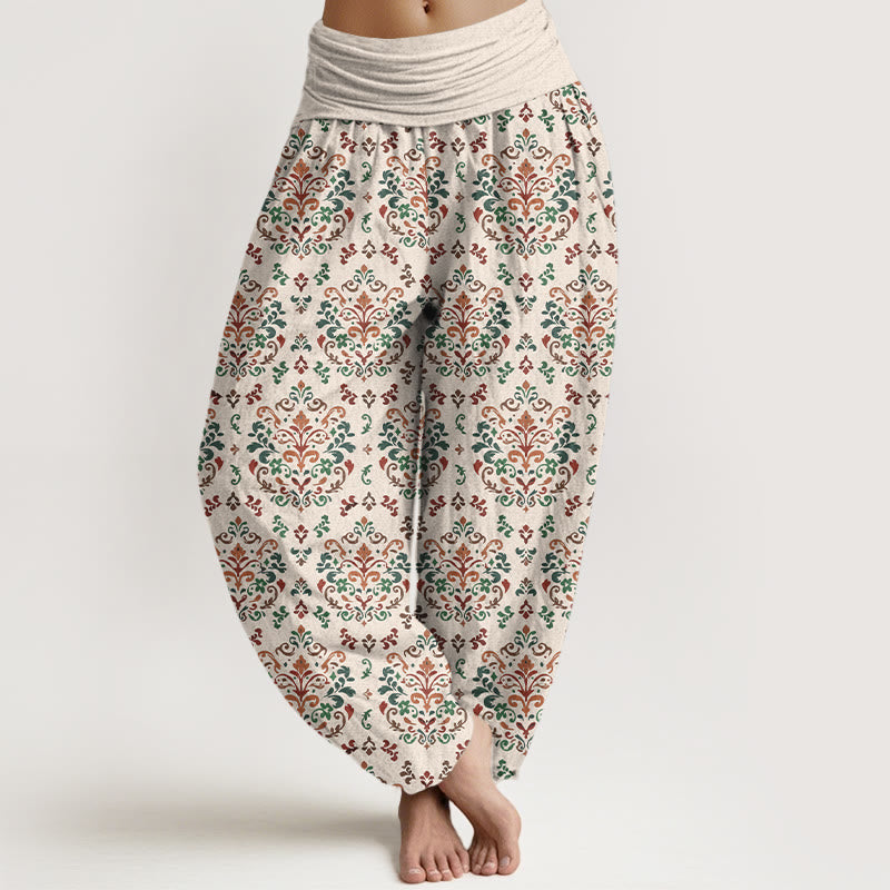Pantalones Buddha Stones de algodón puro con estampado retro simétrico de flores y hojas para mujer, cintura elástica - Beige - US16，UK/AU20，EU48 (3XL) - image 8