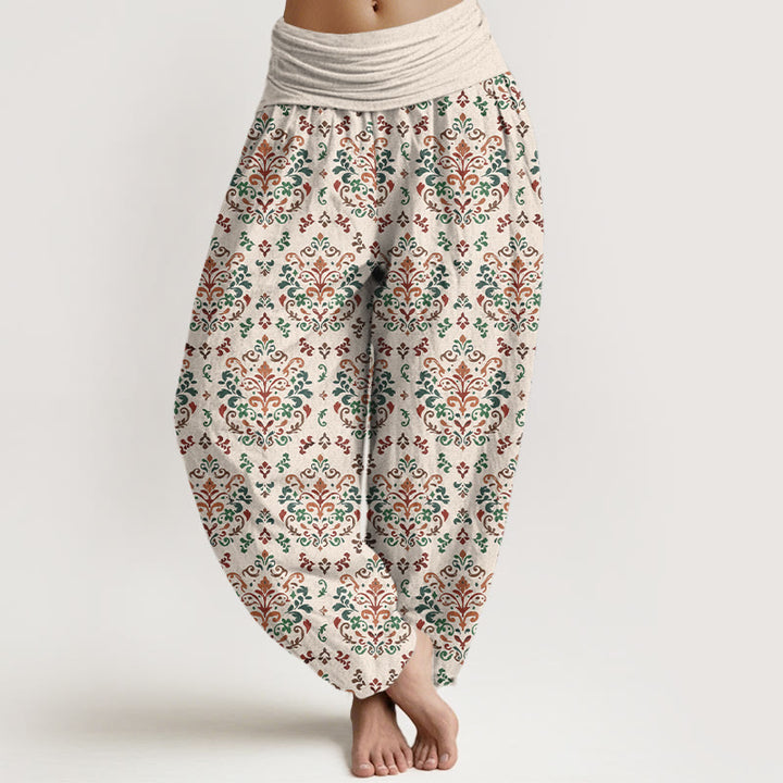Pantalones Buddha Stones de algodón puro con estampado retro simétrico de flores y hojas para mujer, cintura elástica - Beige - US16，UK/AU20，EU48 (3XL) - image 8