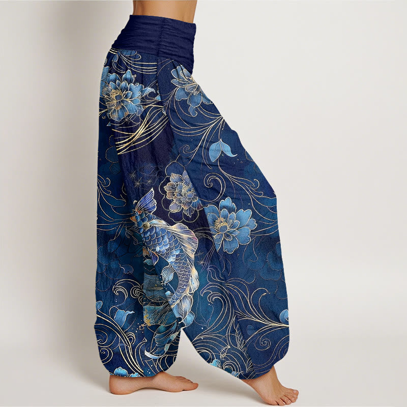 Pantalones Buddha Stones de algodón puro con diseño de peonías y peces koi de ensueño para mujer, con cintura elástica - image 2
