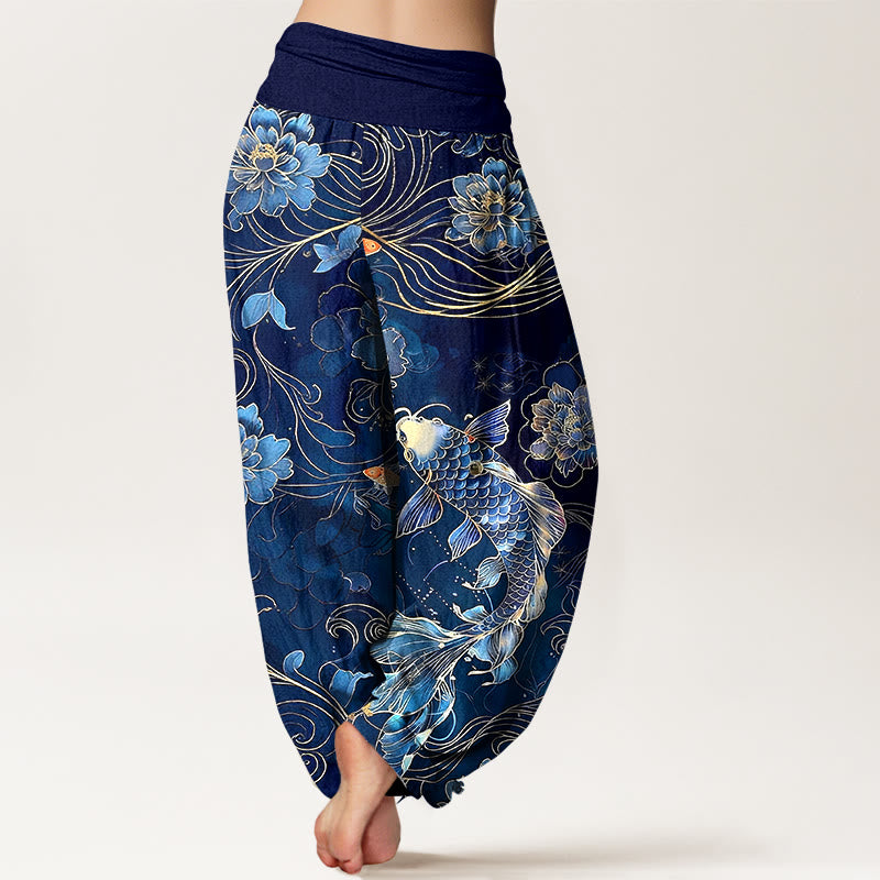 Pantalones Buddha Stones de algodón puro con diseño de peonías y peces koi de ensueño para mujer, con cintura elástica - image 1