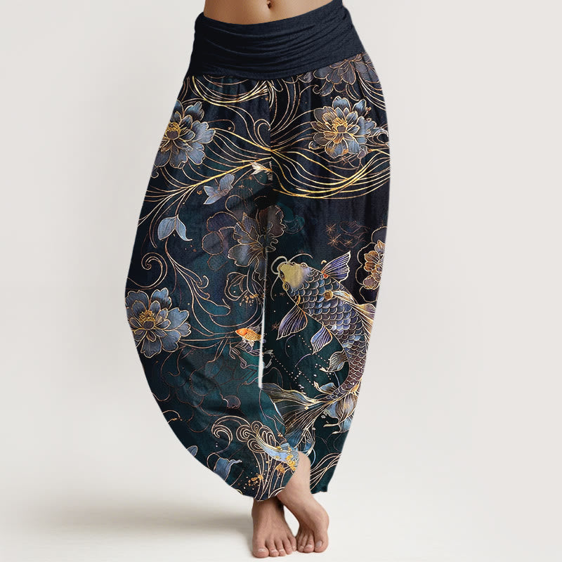Pantalones Buddha Stones de algodón puro con diseño de peonías y peces koi de ensueño para mujer, con cintura elástica - Negro - US16，UK/AU20，EU48 (3XL) - image 5