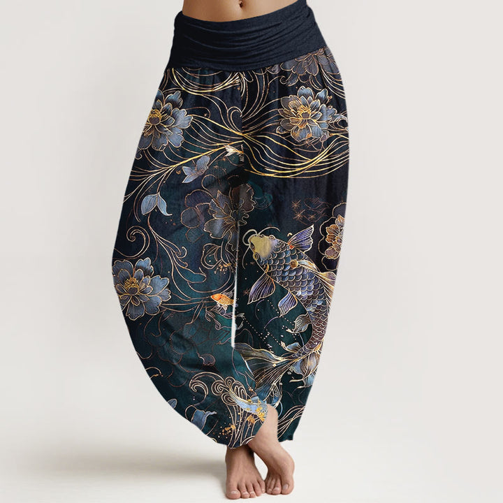 Pantalones Buddha Stones de algodón puro con diseño de peonías y peces koi de ensueño para mujer, con cintura elástica - Negro - US16，UK/AU20，EU48 (3XL) - image 5