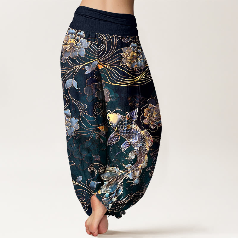 Pantalones Buddha Stones de algodón puro con diseño de peonías y peces koi de ensueño para mujer, con cintura elástica - image 6