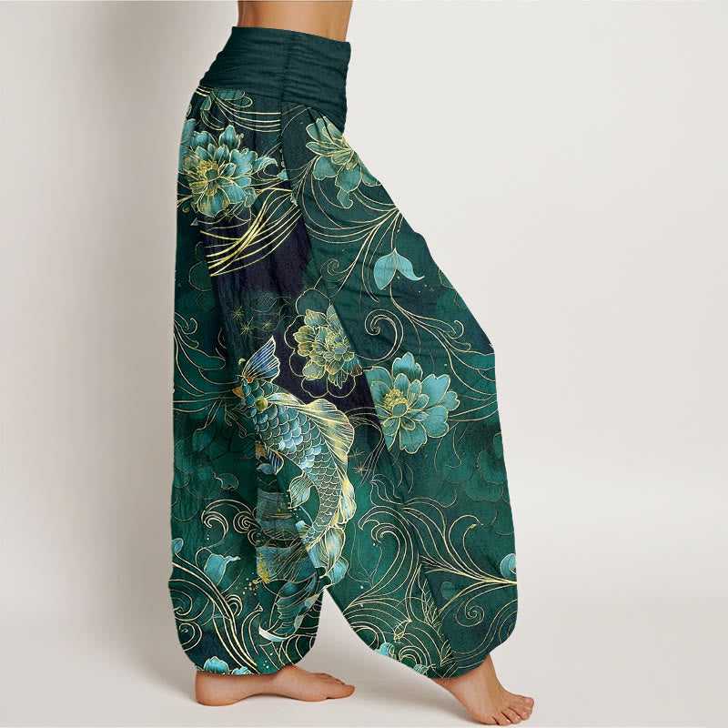 Pantalones Buddha Stones de algodón puro con diseño de peonías y peces koi de ensueño para mujer, con cintura elástica - image 10