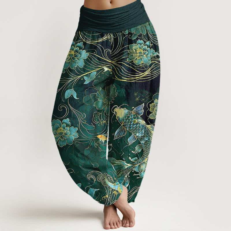 Pantalones Buddha Stones de algodón puro con diseño de peonías y peces koi de ensueño para mujer, con cintura elástica - Verde oscuro - US16，UK/AU20，EU48 (3XL) - image 8