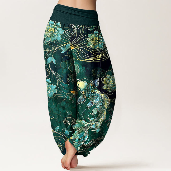 Pantalones Buddha Stones de algodón puro con diseño de peonías y peces koi de ensueño para mujer, con cintura elástica - image 9