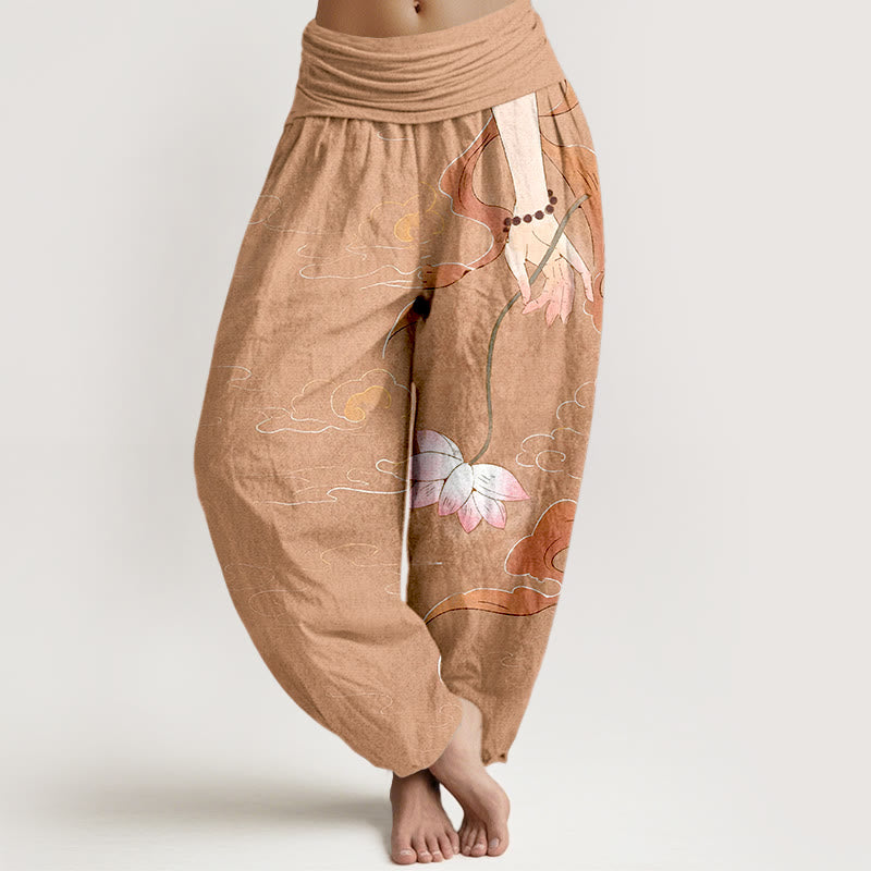 Pantalones harén de cintura elástica para mujer, con Buddha Stones, algodón puro, flor de loto, cintas ondulantes, cuentas de oración y patrón de nubes. - Salmón claro - US16，UK/AU20，EU48 (3XL) - image 0
