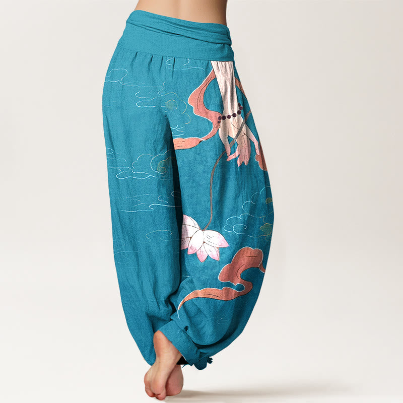 Pantalones harén de cintura elástica para mujer, con Buddha Stones, algodón puro, flor de loto, cintas ondulantes, cuentas de oración y patrón de nubes. - image 6