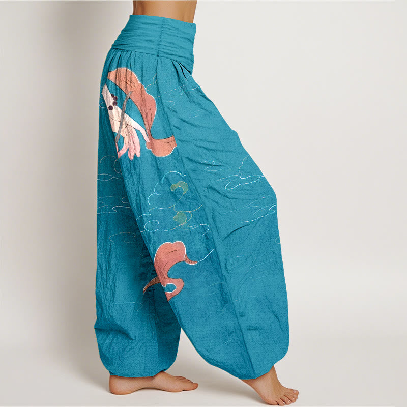Pantalones harén de cintura elástica para mujer, con Buddha Stones, algodón puro, flor de loto, cintas ondulantes, cuentas de oración y patrón de nubes. - image 7
