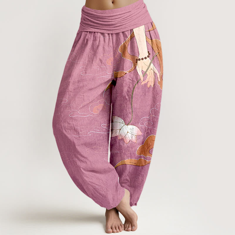 Pantalones harén de cintura elástica para mujer, con Buddha Stones, algodón puro, flor de loto, cintas ondulantes, cuentas de oración y patrón de nubes. - Rosa intenso - US16，UK/AU20，EU48 (3XL) - image 8