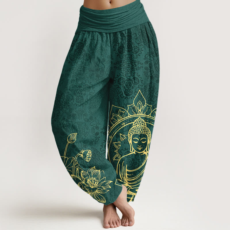 Pantalones Buddha Stones de algodón puro con diseño clásico de flor de loto y hojas de Buda para mujer, con cintura elástica - Verde oscuro - US16，UK/AU20，EU48 (3XL) - image 0