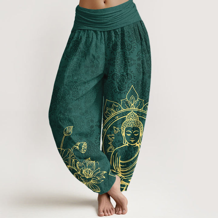 Pantalones Buddha Stones de algodón puro con diseño clásico de flor de loto y hojas de Buda para mujer, con cintura elástica - Verde oscuro - US16，UK/AU20，EU48 (3XL) - image 0