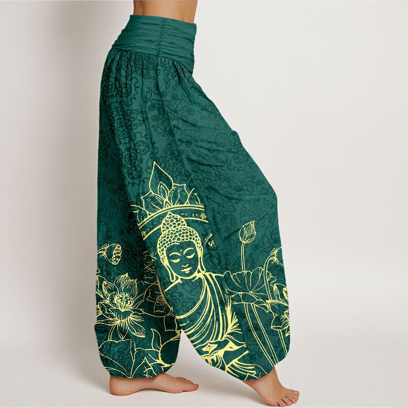 Pantalones Buddha Stones de algodón puro con diseño clásico de flor de loto y hojas de Buda para mujer, con cintura elástica - image 2