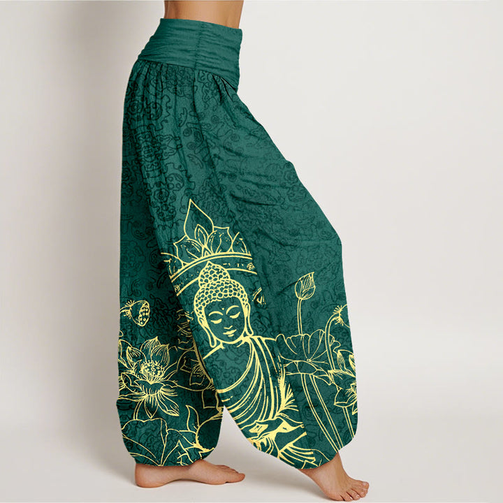 Pantalones Buddha Stones de algodón puro con diseño clásico de flor de loto y hojas de Buda para mujer, con cintura elástica - image 2