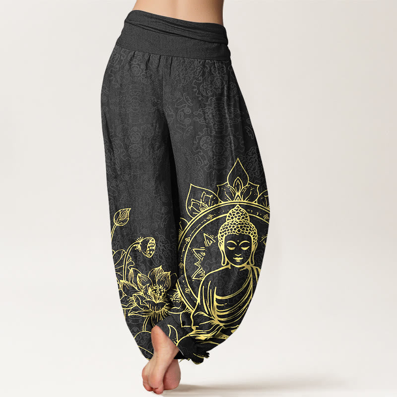 Pantalones Buddha Stones de algodón puro con diseño clásico de flor de loto y hojas de Buda para mujer, con cintura elástica - image 9