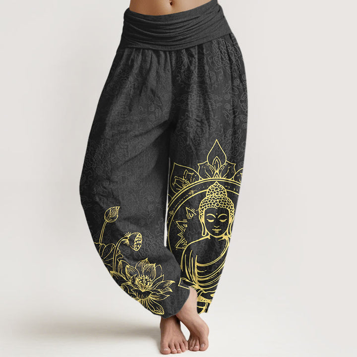 Pantalones Buddha Stones de algodón puro con diseño clásico de flor de loto y hojas de Buda para mujer, con cintura elástica - Negro - US16，UK/AU20，EU48 (3XL) - image 8