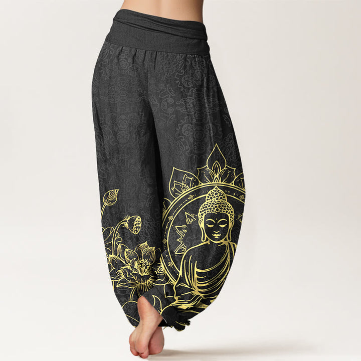 Pantalones Buddha Stones de algodón puro con diseño clásico de flor de loto y hojas de Buda para mujer, con cintura elástica - image 9