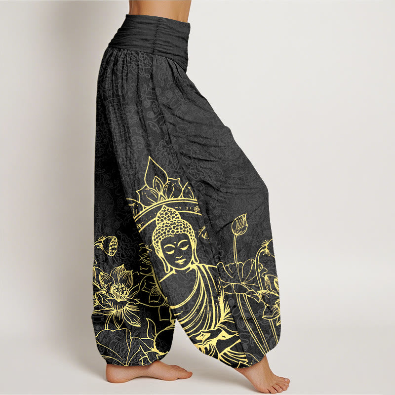Pantalones Buddha Stones de algodón puro con diseño clásico de flor de loto y hojas de Buda para mujer, con cintura elástica - image 10