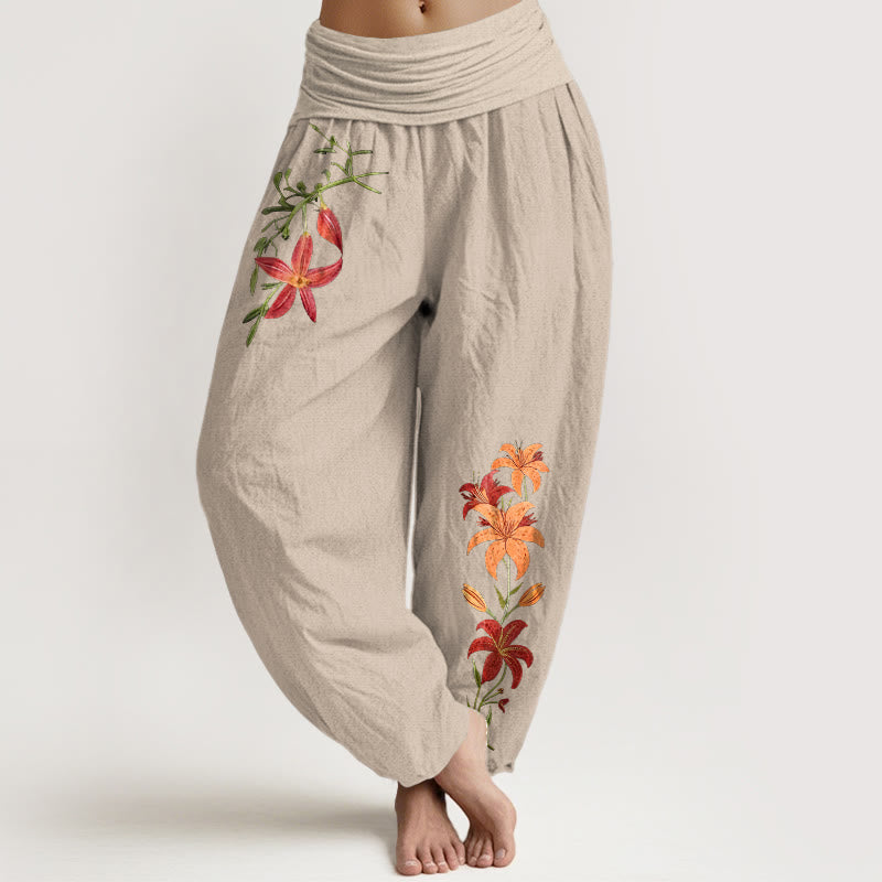 Pantalones harén de cintura elástica para mujer con estampado de lirios de cinco pétalos y Buddha Stones de algodón puro - Broncearse - US16，UK/AU20，EU48 (3XL) - image 0