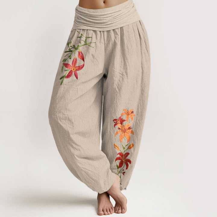 Pantalones harén de cintura elástica para mujer con estampado de lirios de cinco pétalos y Buddha Stones de algodón puro - Broncearse - US16，UK/AU20，EU48 (3XL) - image 0