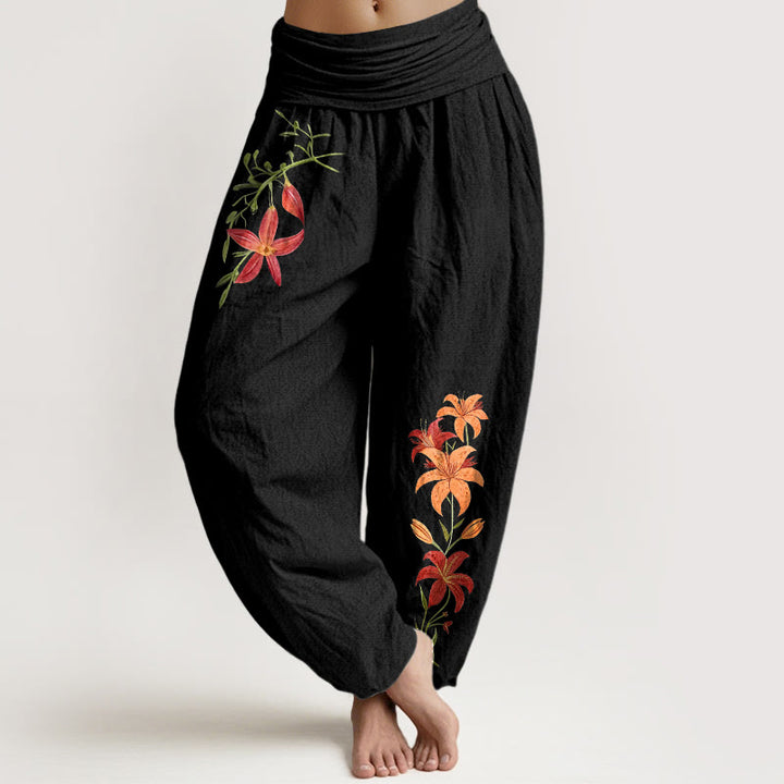 Pantalones harén de cintura elástica para mujer con estampado de lirios de cinco pétalos y Buddha Stones de algodón puro - Negro - US16，UK/AU20，EU48 (3XL) - image 5