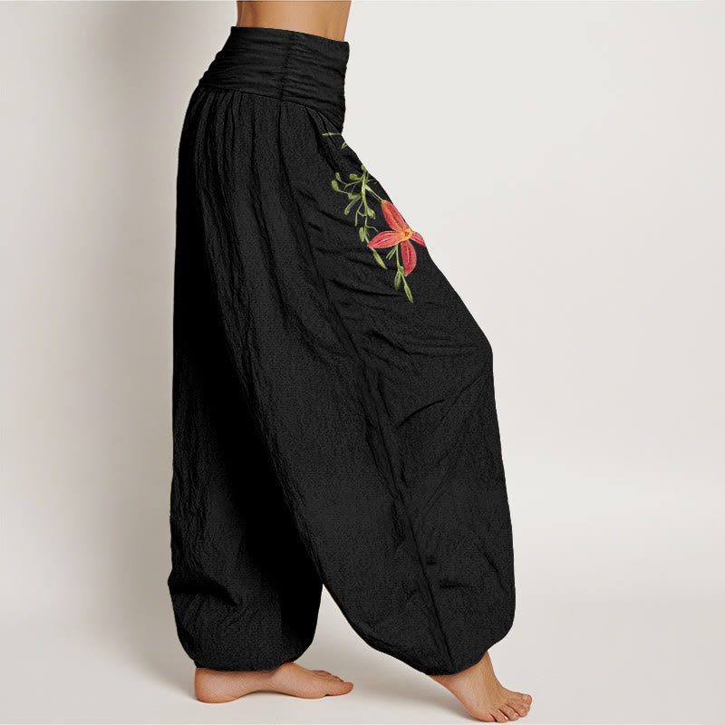 Pantalones harén de cintura elástica para mujer con estampado de lirios de cinco pétalos y Buddha Stones de algodón puro - image 7