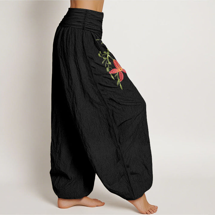 Pantalones harén de cintura elástica para mujer con estampado de lirios de cinco pétalos y Buddha Stones de algodón puro - image 7