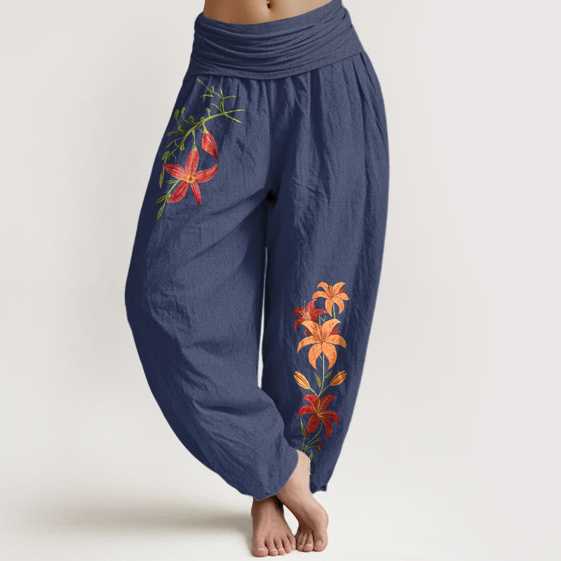 Pantalones harén de cintura elástica para mujer con estampado de lirios de cinco pétalos y Buddha Stones de algodón puro - Azul pizarra oscuro - US16，UK/AU20，EU48 (3XL) - image 8