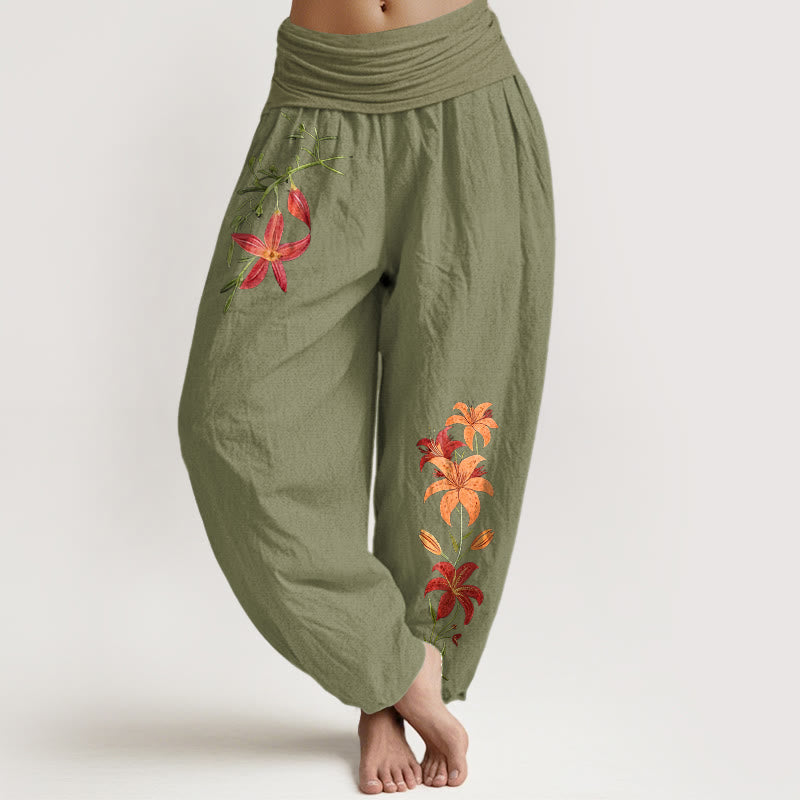 Pantalones harén de cintura elástica para mujer con estampado de lirios de cinco pétalos y Buddha Stones de algodón puro - Verde oliva - US16，UK/AU20，EU48 (3XL) - image 14