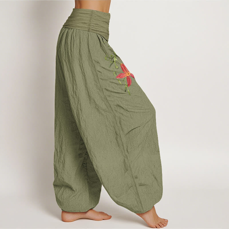 Pantalones harén de cintura elástica para mujer con estampado de lirios de cinco pétalos y Buddha Stones de algodón puro - image 16