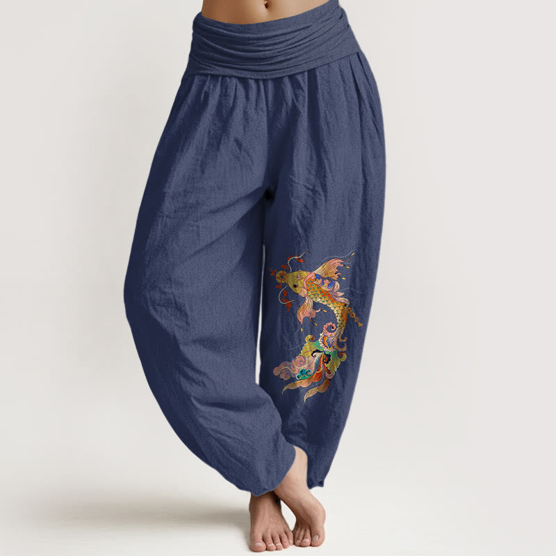 Pantalones Buddha Stones de algodón puro con diseño de peces koi de colores brillantes y monedas de cobre con caracteres chinos para mujer, cintura elástica - Azul pizarra oscuro - US16，UK/AU20，EU48 (3XL) - image 5