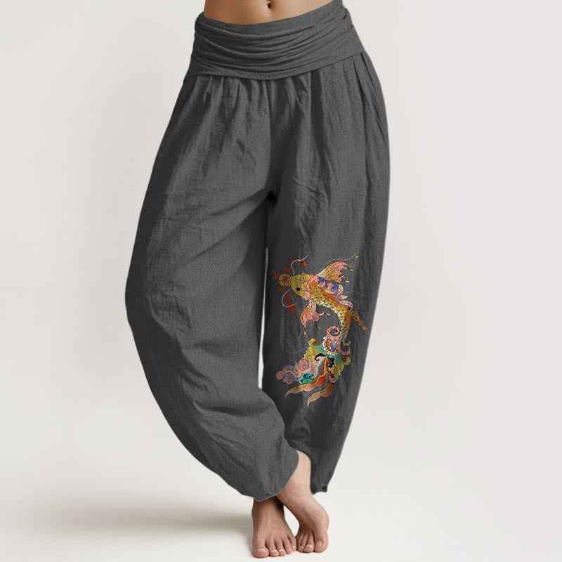 Pantalones Buddha Stones de algodón puro con diseño de peces koi de colores brillantes y monedas de cobre con caracteres chinos para mujer, cintura elástica - Gris oscuro - US16，UK/AU20，EU48 (3XL) - image 8