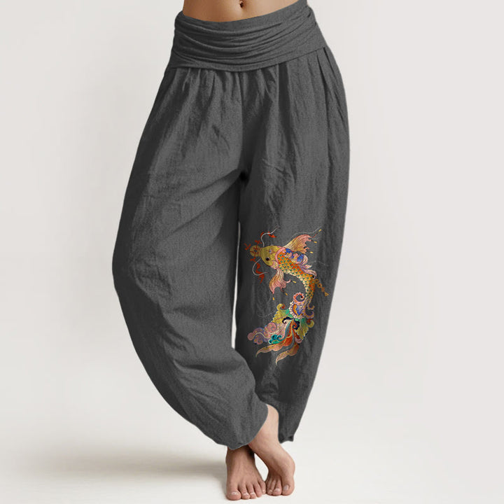 Pantalones Buddha Stones de algodón puro con diseño de peces koi de colores brillantes y monedas de cobre con caracteres chinos para mujer, cintura elástica - Gris oscuro - US16，UK/AU20，EU48 (3XL) - image 8