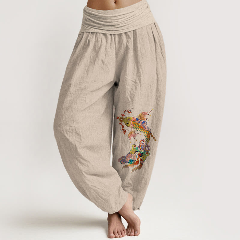 Pantalones Buddha Stones de algodón puro con diseño de peces koi de colores brillantes y monedas de cobre con caracteres chinos para mujer, cintura elástica - Broncearse - US16，UK/AU20，EU48 (3XL) - image 11