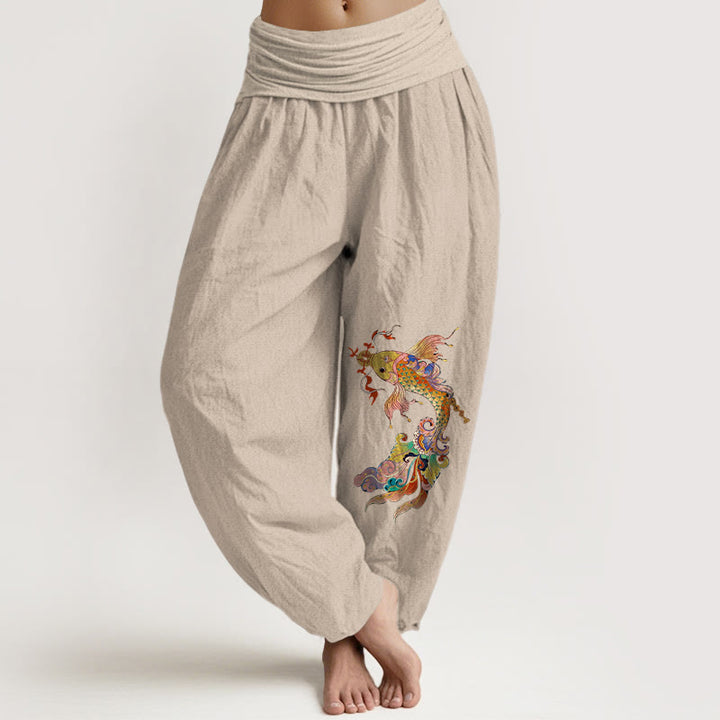 Pantalones Buddha Stones de algodón puro con diseño de peces koi de colores brillantes y monedas de cobre con caracteres chinos para mujer, cintura elástica - Broncearse - US16，UK/AU20，EU48 (3XL) - image 11