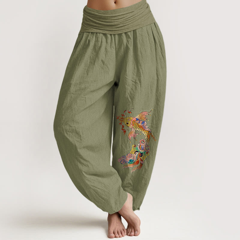Pantalones Buddha Stones de algodón puro con diseño de peces koi de colores brillantes y monedas de cobre con caracteres chinos para mujer, cintura elástica - Verde oliva - US16，UK/AU20，EU48 (3XL) - image 14