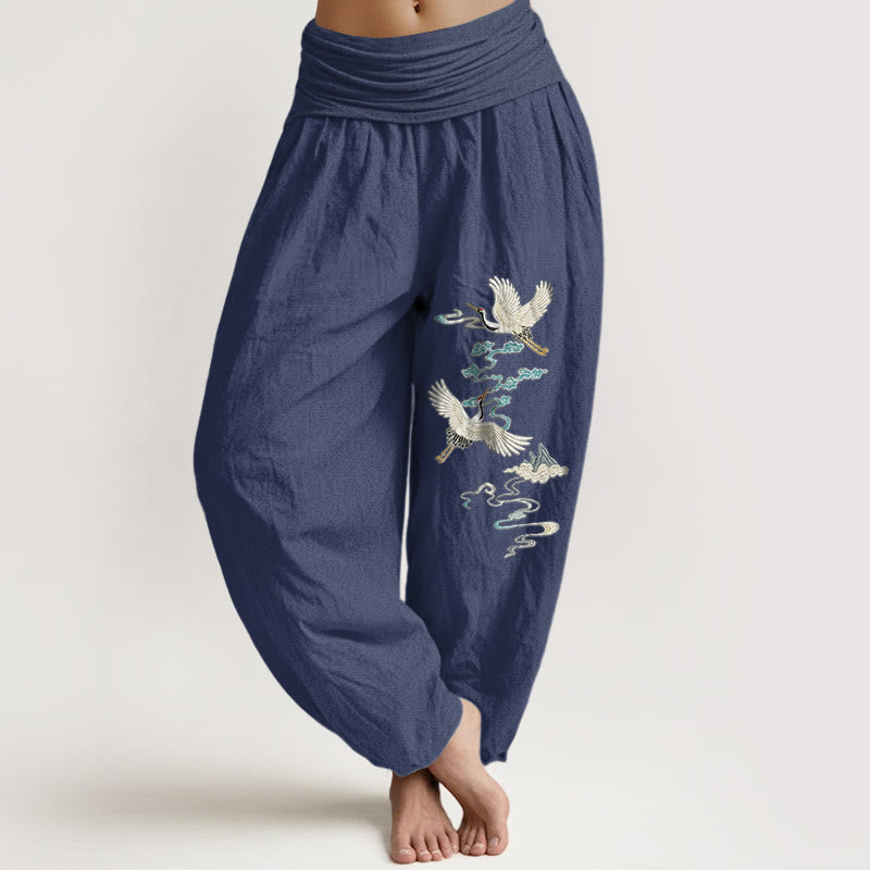 Pantalones Buddha Stones de algodón puro con estampado de grullas, nubes y montañas para mujer, cintura elástica - Azul pizarra oscuro - US16，UK/AU20，EU48 (3XL) - image 5