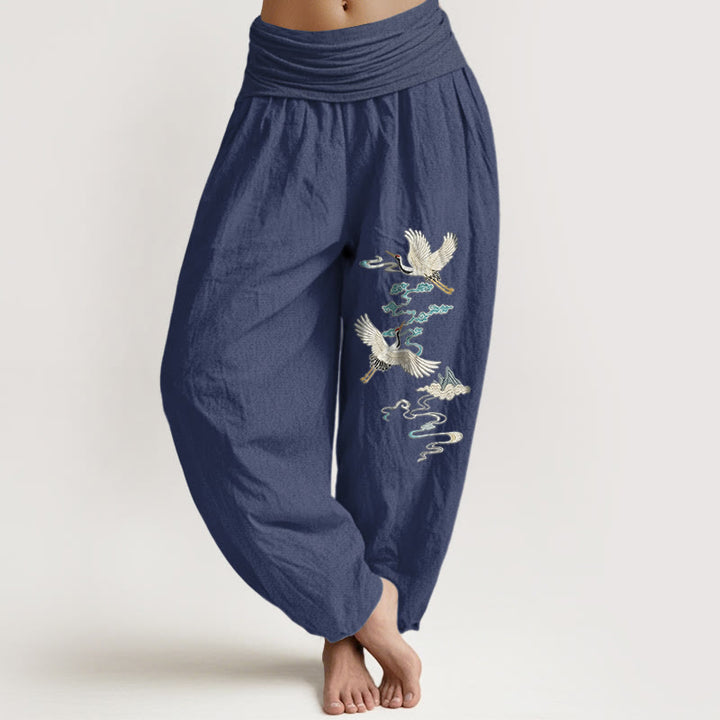 Pantalones Buddha Stones de algodón puro con estampado de grullas, nubes y montañas para mujer, cintura elástica - Azul pizarra oscuro - US16，UK/AU20，EU48 (3XL) - image 5