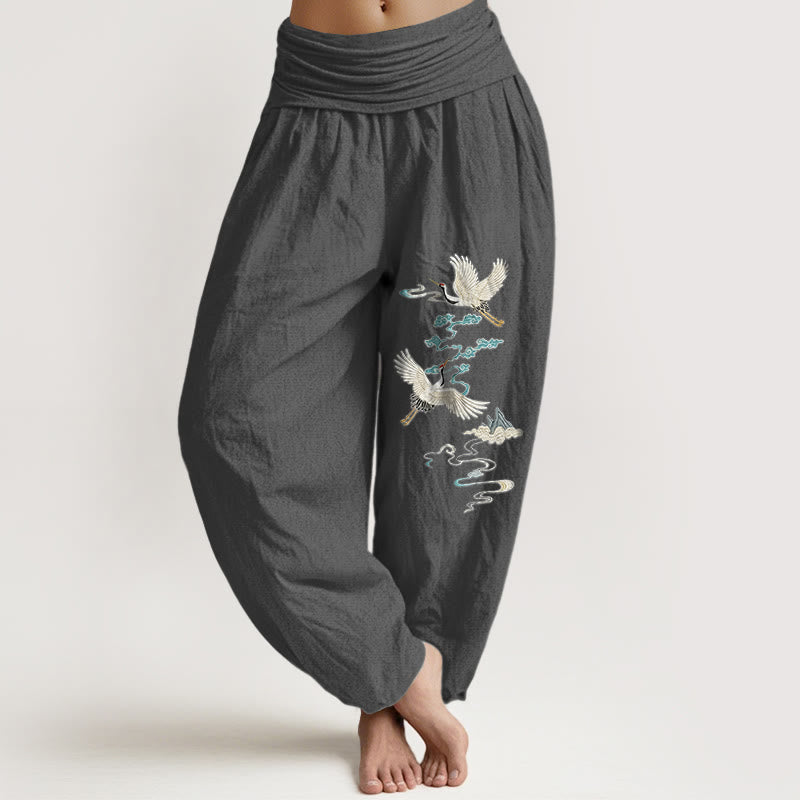 Pantalones Buddha Stones de algodón puro con estampado de grullas, nubes y montañas para mujer, cintura elástica - Gris oscuro - US16，UK/AU20，EU48 (3XL) - image 8