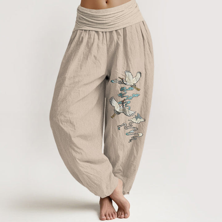 Pantalones Buddha Stones de algodón puro con estampado de grullas, nubes y montañas para mujer, cintura elástica - Broncearse - US16，UK/AU20，EU48 (3XL) - image 11